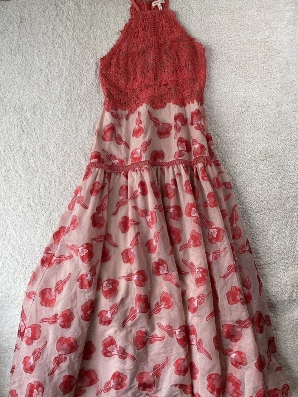 Rebecca Taylor Pink and Red Lace Halter Floral Maxi Dress